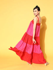 Sassafras - Red & Fuchsia Colour Block Tiered Maxi Dress