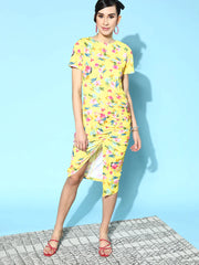 SASSAFRAS - Yellow Floral Side Ruched Dress