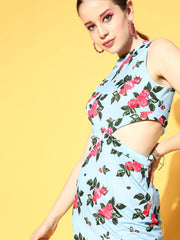 SASSAFRAS - Blue Floral Side Cut Out Dress