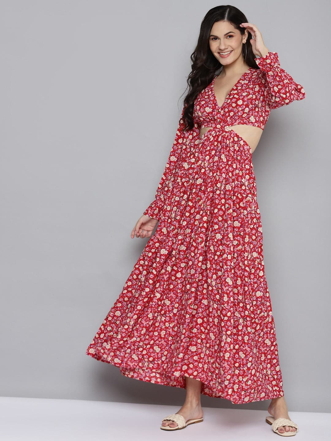 women red ditsy floral waist cut out maxi dress sfdrss10603