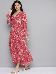women red ditsy floral waist cut out maxi dress sfdrss10603