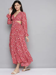 Sassafras - Red Ditsy Floral Waist Cut-Out Maxi Dress