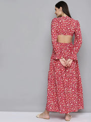 Sassafras - Red Ditsy Floral Waist Cut-Out Maxi Dress