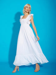 women white square neck frill hem maxi dress sfdrss11297