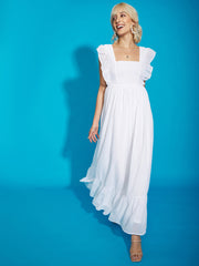women white square neck frill hem maxi dress sfdrss11297