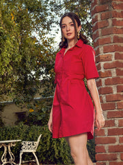 women red poplin shirt dress sfdrss11313