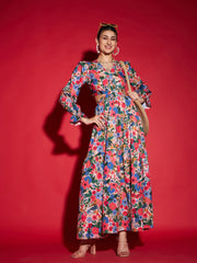 women multi floral waist cut out maxi dress sfdrss11362