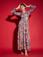 women multi floral waist cut out maxi dress sfdrss11362