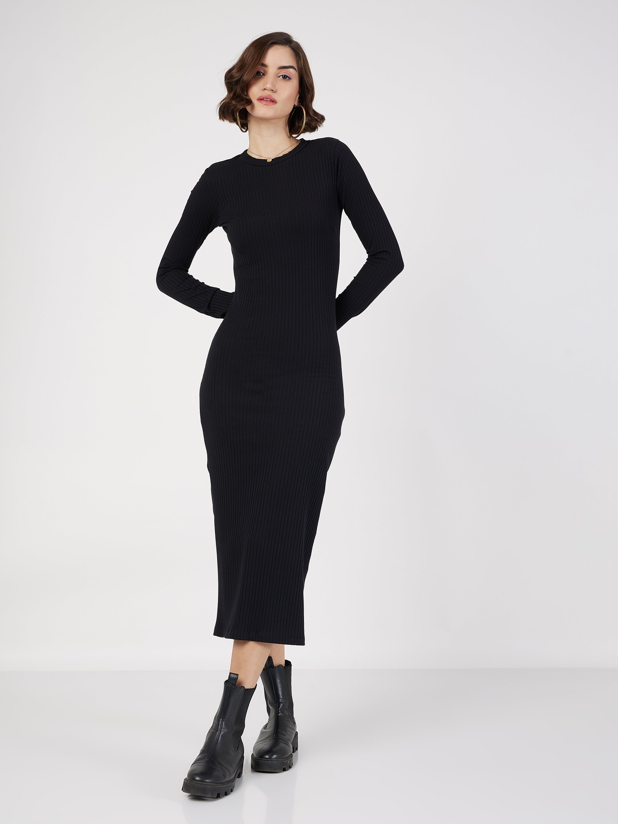 women black rib bodycon midi dress sfdrss11578