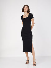 women black rib v neck midi dress sfdrss11596