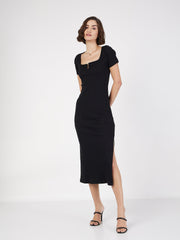 women black rib v neck midi dress sfdrss11596
