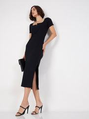 women black rib v neck midi dress sfdrss11596