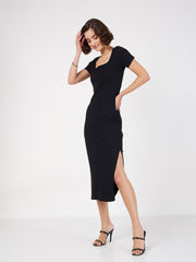 women black rib v neck midi dress sfdrss11596