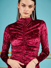 Sassafras - Women Red Velvet Ruched Short Bodycon Dress