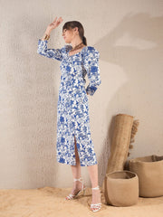 SASSAFRAS - Women Navy Floral Sweetheart Neck Midi Dress