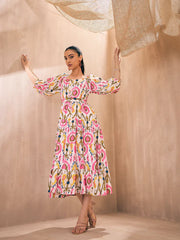 Pink Paprika By SASSAFRAS - Women Pink Ikat Front Button Self Belt Tiered Midi Dress