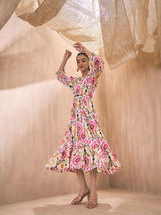 Pink Paprika By SASSAFRAS - Women Pink Ikat Front Button Self Belt Tiered Midi Dress