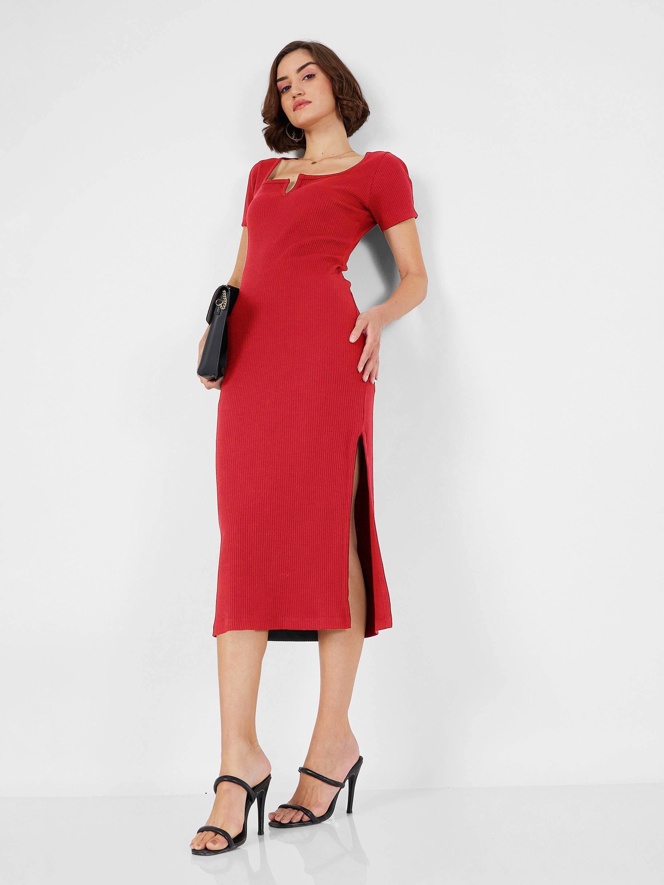 women red rib v neck midi dress sfdrss12497