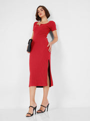 women red rib v neck midi dress sfdrss12497