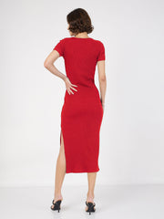 women red rib v neck midi dress sfdrss12497