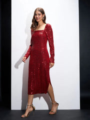 Sassafras - Women Red Sequin Square Neck Midi Dress