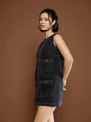 Women Black Washed Front Pocket Short Dress