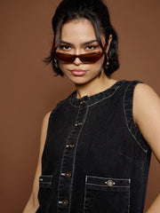 Women Black Washed Front Pocket Short Dress