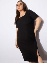 Women Black Rib Square Neck Short Sleeves Midi Dress