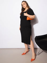 Women Black Rib Square Neck Short Sleeves Midi Dress