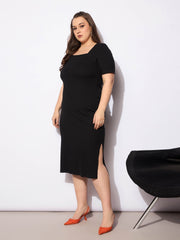 Women Black Rib Square Neck Short Sleeves Midi Dress