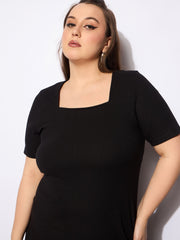 Women Black Rib Square Neck Short Sleeves Midi Dress