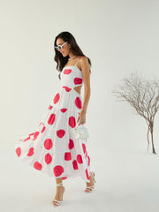 Pink Paprika By SASSAFRAS - Women White Strappy Back Cut-Out Polka Maxi