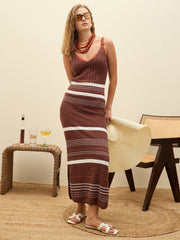 Women Brown & White Crochet Variegated Stripes Strappy Beach Maxi