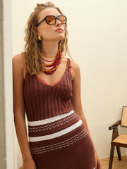 Women Brown & White Crochet Variegated Stripes Strappy Beach Maxi