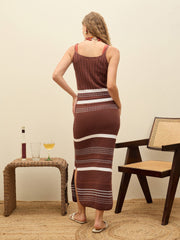 Women Brown & White Crochet Variegated Stripes Strappy Beach Maxi