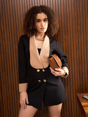 Women Black Double Breasted Shawl Collar Blazer Dress