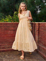 Women Ecru Schiffli V-Neck Smocked Back Strappy Midi Dress