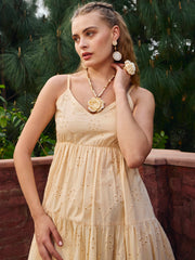 Women Ecru Schiffli V-Neck Smocked Back Strappy Midi Dress