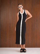women black rib with white contrast button maxi dress