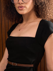 Women Black Rhombus Neck Belted Bodycon Midi Dress