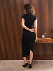 Women Black Rhombus Neck Belted Bodycon Midi Dress