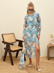 Women Blue Floral Front Yoke Midi Dress