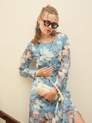 Women Blue Floral Front Yoke Midi Dress
