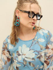 Women Blue Floral Front Yoke Midi Dress