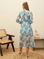 Women Blue Floral Front Yoke Midi Dress