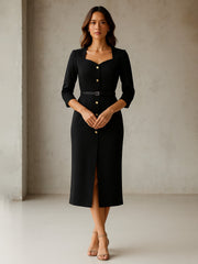 Women Black Sweetheart Neck Midi Dress With PU Belt