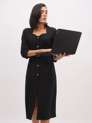 Women Black Sweetheart Neck Midi Dress With PU Belt