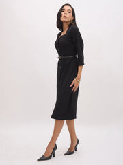 Women Black Sweetheart Neck Midi Dress With PU Belt