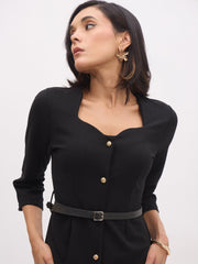 Women Black Sweetheart Neck Midi Dress With PU Belt