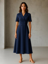 Women Blue Notch Collar Button Midi Dress